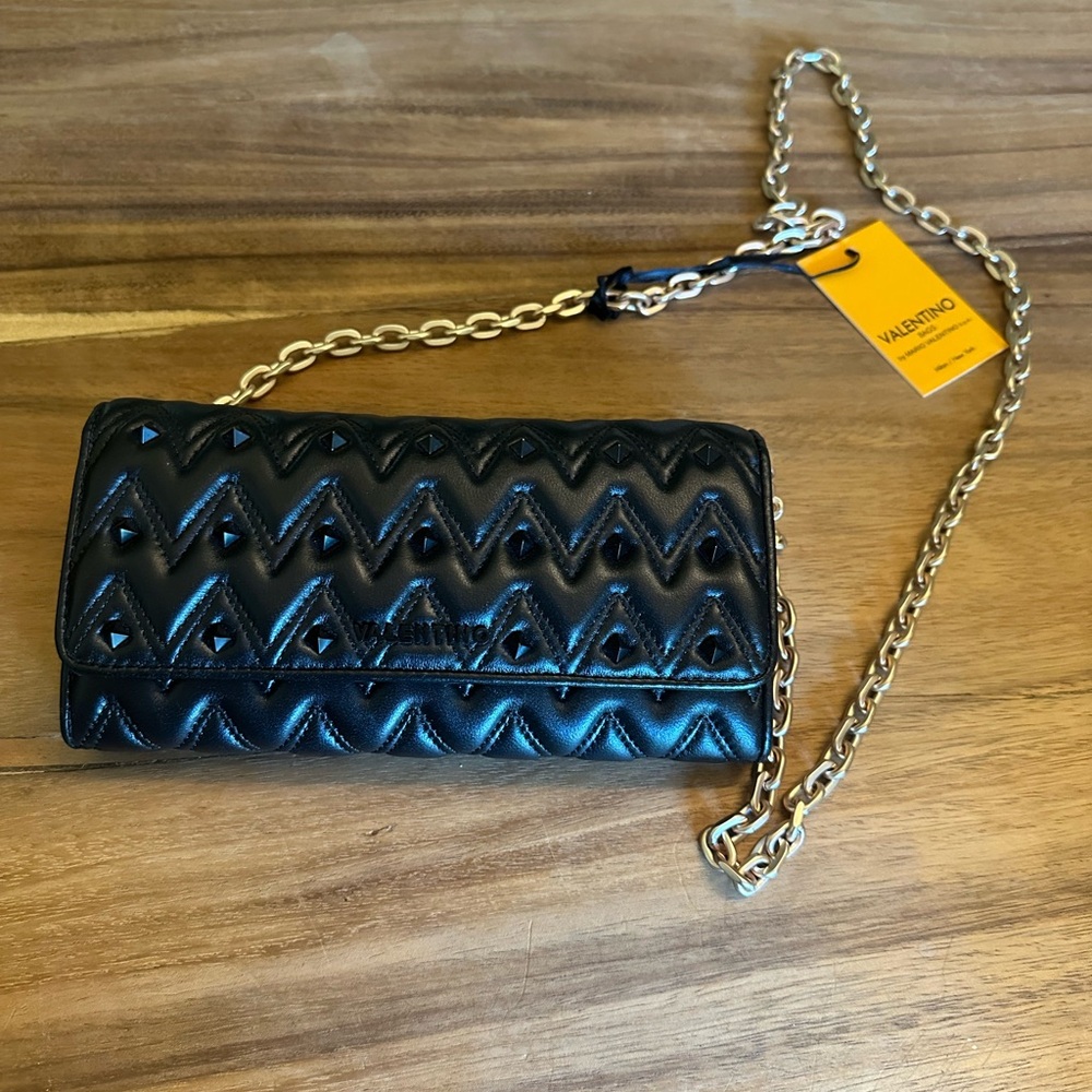 Valentino Black Quilted Leather Crossbody with Gold Chain